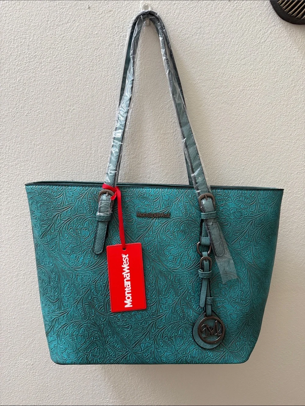 Montana West Teal Floral Embossed Tote with Charm